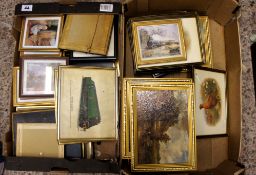 A collection of various framed prints of trains, landscapes etc. 2 trays
