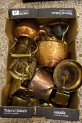 A collection of copper kettles, large brass school bell, trivets and quality brass horse and