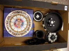 A collection of Wedgwood Black Jasperware fruit bowl, trinket boxes, dishes, vases etc