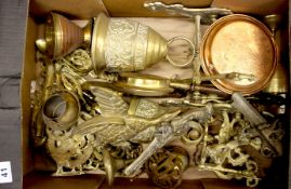 A collection of mixed brass items to include reproduction door bells, wall sconces, door knockers