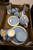 Part Wedgwood summer sky blue and white part tea set consisting side plates, cups, saucers, milk and