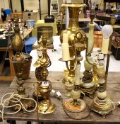 A large collection of Brass and Onyx table lights, vases clocks etc (9)