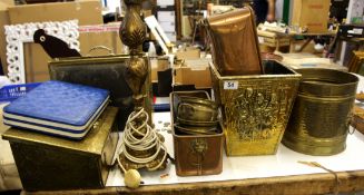 A collection of Brass and copper planters, magazine racks, candlesticks etc (14)