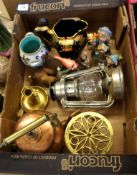 A collection of various pottery items and brass ware to include copper kettle, brass trivet