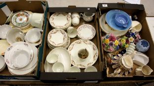 A collection of pottery to include un marked chintz part tea set, Royal Doulton Plates 3 trays