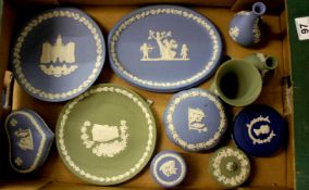 A collection of Wedgwood Green & Blue Jasperware to include Trinket boxs, vases, christmas plates
