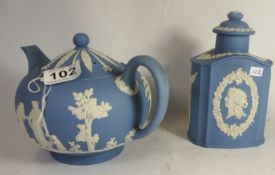 Wedgwood blue Jasperware Teapot and Tea Caddie  (2)