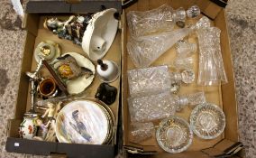 A collection of decanters, and glassware, candlesticks, damaged figures (20) 2 Trays