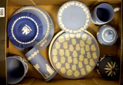 A Collection of Wedgwood blue Jasperware including Plates, Jasper Face Plate, Planter, Comport,