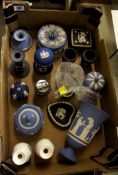 A collection of Wedgwood Black light and dark blue Jasperware to include Trinkets, Lighter, Box &