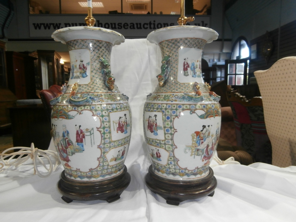A large pair of 18/19th Century Chinese export famille verte porcelain vases mounted as telescopic
