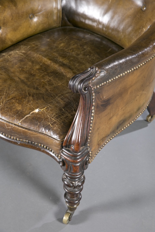 A green leather armchair. 19th c. Incorporating renaissance and rococo revival styles, brass - Image 2 of 4