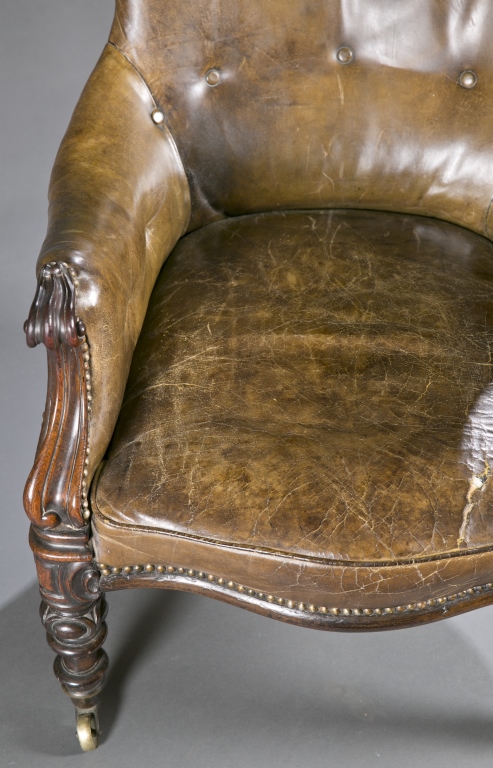 A green leather armchair. 19th c. Incorporating renaissance and rococo revival styles, brass - Image 3 of 4