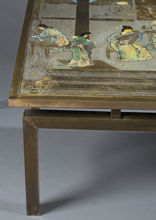 A Phillip & Kelvin Laverne ""Chin Ting"" table. Pewter and bronze with pastoral/scenes of leisure. - Image 6 of 7