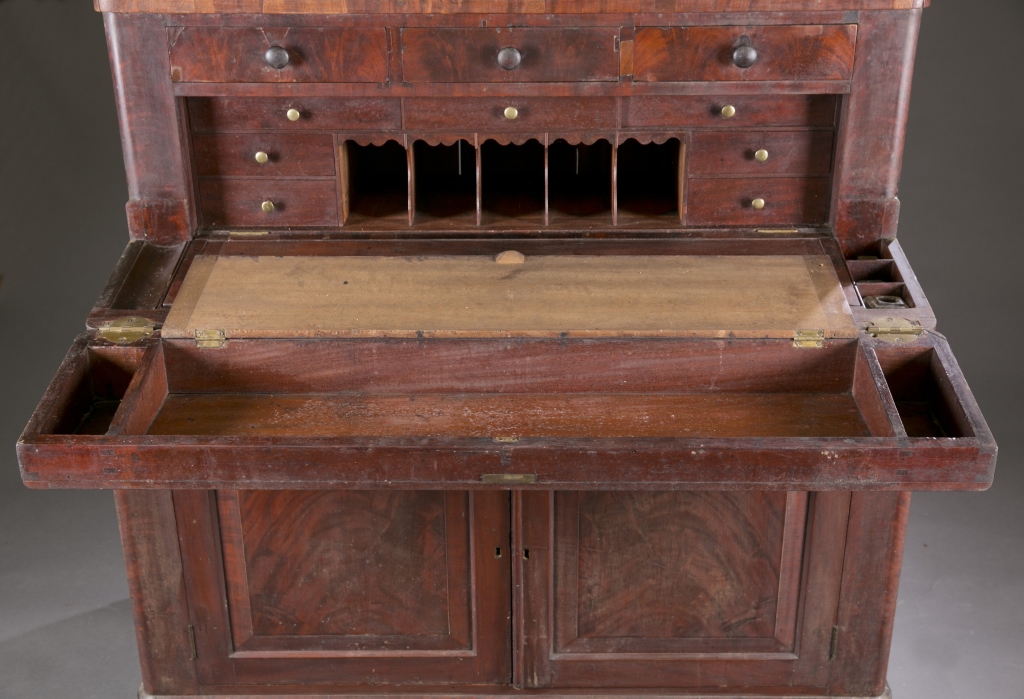 An American flame mahogany secretary by Lewis McKee & Co. c.1830s-40s.. Upper case has 2 glass - Image 9 of 9