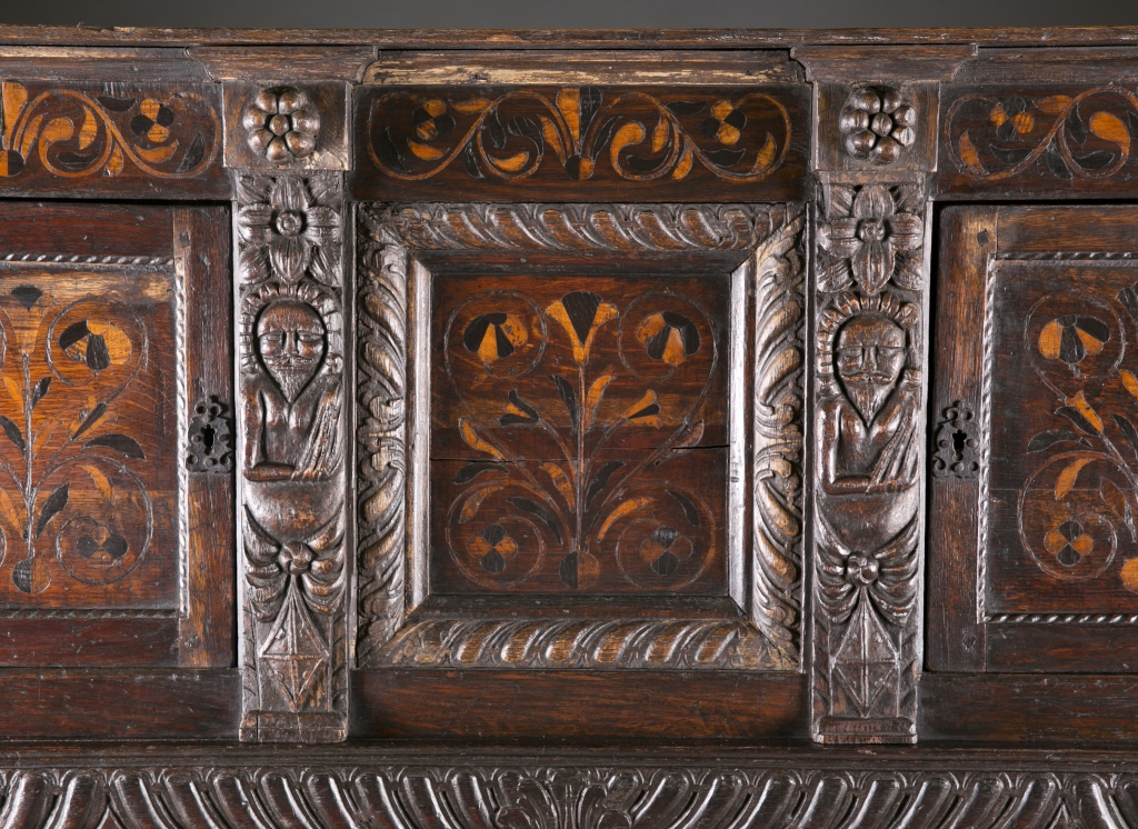 A Continental carved and inlaid cupboard. Late 17th / early 18th century. Having 2 top blind, - Image 2 of 6