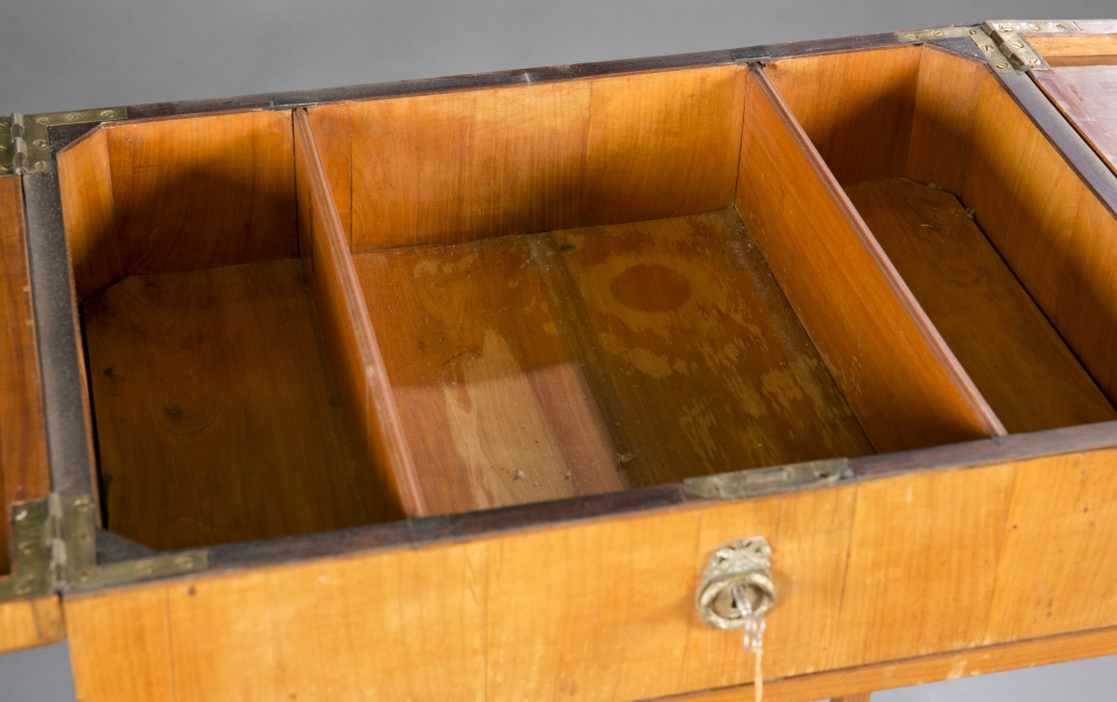 A Neoclassical style maple veneer  sewing table.  Late 19th century. Double lift top revealing 3 - Image 3 of 4