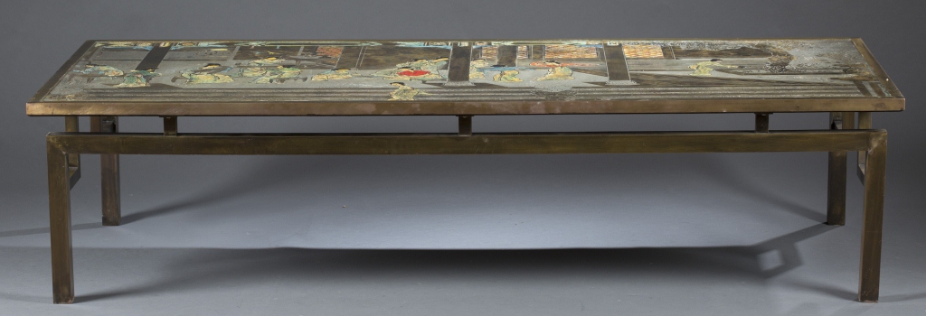 A Phillip & Kelvin Laverne ""Chin Ting"" table. Pewter and bronze with pastoral/scenes of leisure.