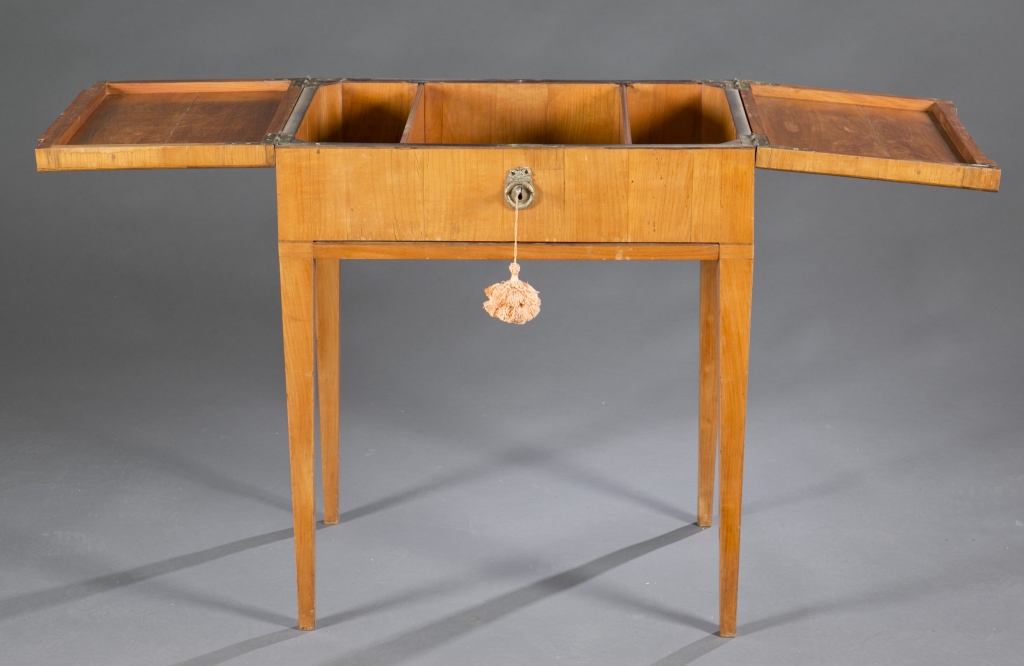 A Neoclassical style maple veneer  sewing table.  Late 19th century. Double lift top revealing 3 - Image 2 of 4