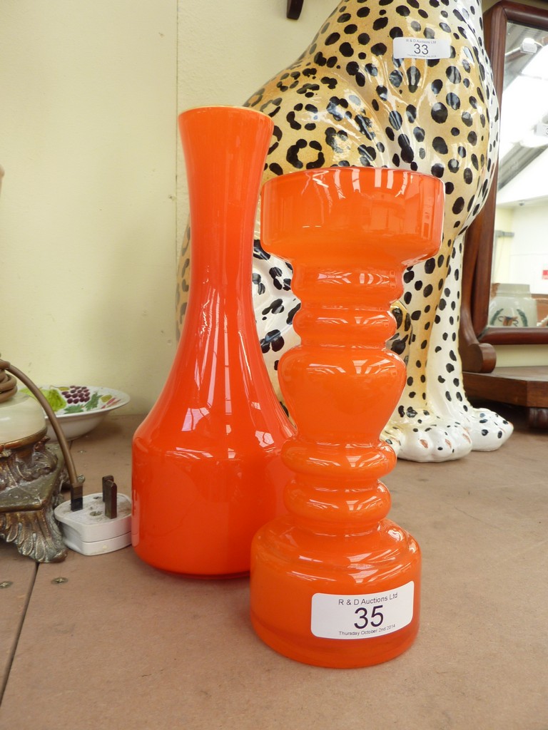 Two 1960`s tango orange coloured art glass vases