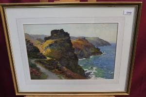Ernest William Haslehurst (1866 - 1949), watercolour in glazed gilt frame - rocky coastal view,