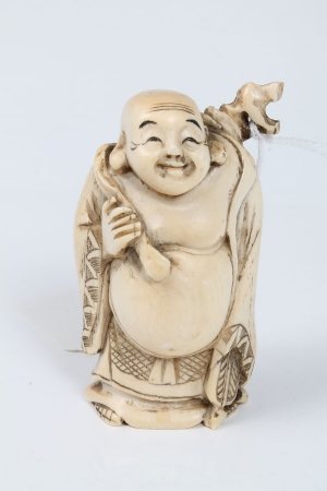 Three late 19th century Japanese carved ivory okimono of a warrior on a demon's back, boy with large - Image 6 of 8