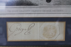 HM King George III - signed document fragment 'George R' with seal and period engraving of The King, - Image 2 of 3
