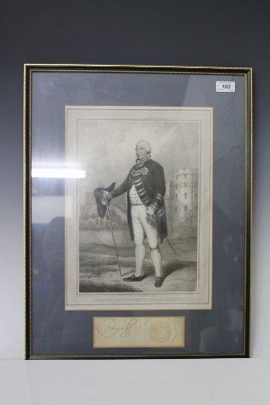 HM King George III - signed document fragment 'George R' with seal and period engraving of The King, - Image 3 of 3