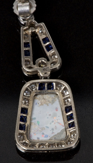 Pair of Art Deco-style opal, diamond and sapphire pendant earrings with a tapered opal within a - Image 2 of 3