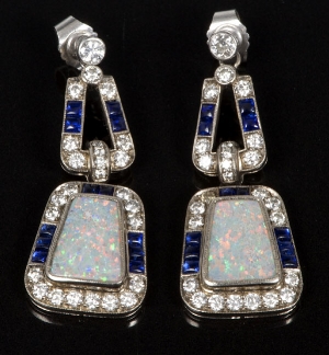 Pair of Art Deco-style opal, diamond and sapphire pendant earrings with a tapered opal within a