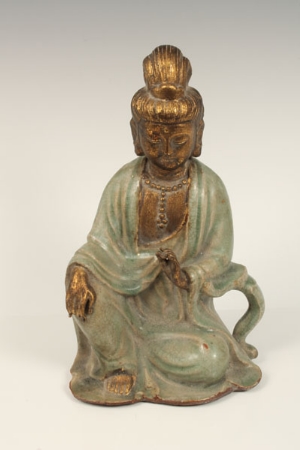 Chinese porcelain figure of Guanyin, decorated in jade green and gilt, 29cm high   CONDITION REPORT