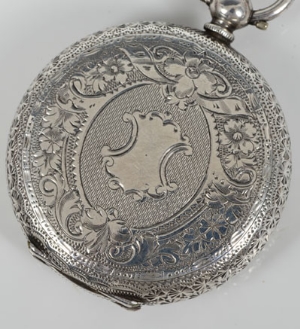 Victorian Swiss silver key wind fob watch with floral painted enamel dial, foliate engraved case, on - Image 3 of 6