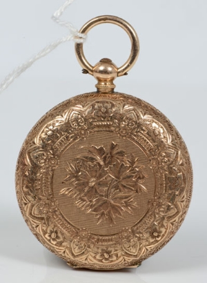 Victorian Swiss gold (14k) key wind fob watch in foliate engraved case and Roman numerals, 3.25cm - Image 4 of 4