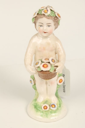 Eighteenth century Derby seasons figure of a putto holding a basket of flowers, 10cm, another - Image 9 of 14