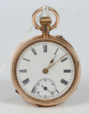 Victorian Swiss gold (14k) keyless fob watch with Roman numerals and subsidiary seconds, 3cm