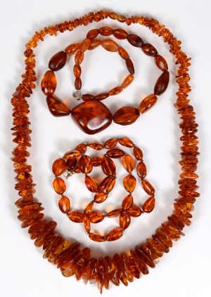 Two amber / amber-type necklaces with free form beads