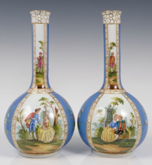 Pair of late nineteenth century Continental Dresden-style bottle vases, each decorated with panels