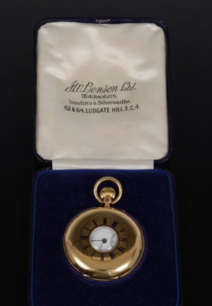 Good quality gentlemen's gold (9ct) half hunter keyless pocket watch by J. W. Benson, London, with