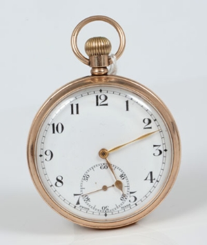 Gentlemen's gold (9ct) open face keyless pocket watch with Arabic numerals and subsidiary seconds, - Image 2 of 2
