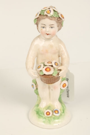 Eighteenth century Derby seasons figure of a putto holding a basket of flowers, 10cm, another - Image 2 of 14