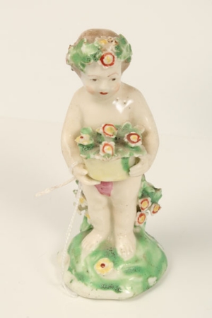 Eighteenth century Derby seasons figure of a putto holding a basket of flowers, 10cm, another - Image 3 of 14