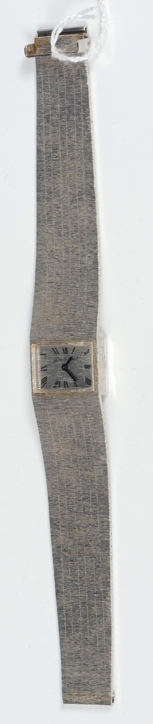 1970s ladies' Buche-Girod white gold (9ct) wristwatch with concealed winding crown, rectangular