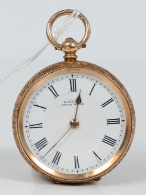 Victorian Swiss gold (14k) key wind fob watch in foliate engraved case and Roman numerals, 3.25cm - Image 3 of 4