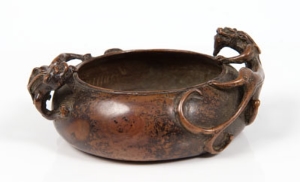 Small Chinese bronze censer, circular mounted with two quarrelling dragons - square seal mark to - Image 2 of 2