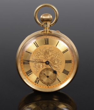 Victorian gold (18ct) open face keyless pocket watch with gilt dial, subsidiary seconds and Roman