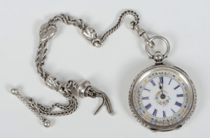 Victorian Swiss silver key wind fob watch with floral painted enamel dial, foliate engraved case, on