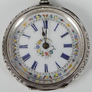 Victorian Swiss silver key wind fob watch with floral painted enamel dial, foliate engraved case, on - Image 2 of 6