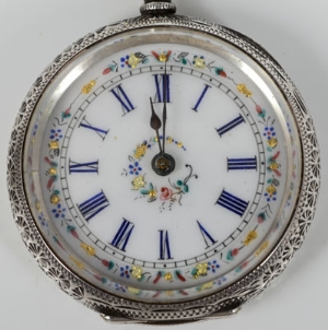 Victorian Swiss silver key wind fob watch with floral painted enamel dial, foliate engraved case, on - Image 5 of 6