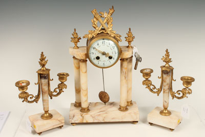 Nineteenth century French three piece mantel clock garniture comprising clock with eight day