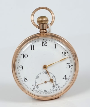 Gentlemen's gold (9ct) open face keyless pocket watch with Arabic numerals and subsidiary seconds,